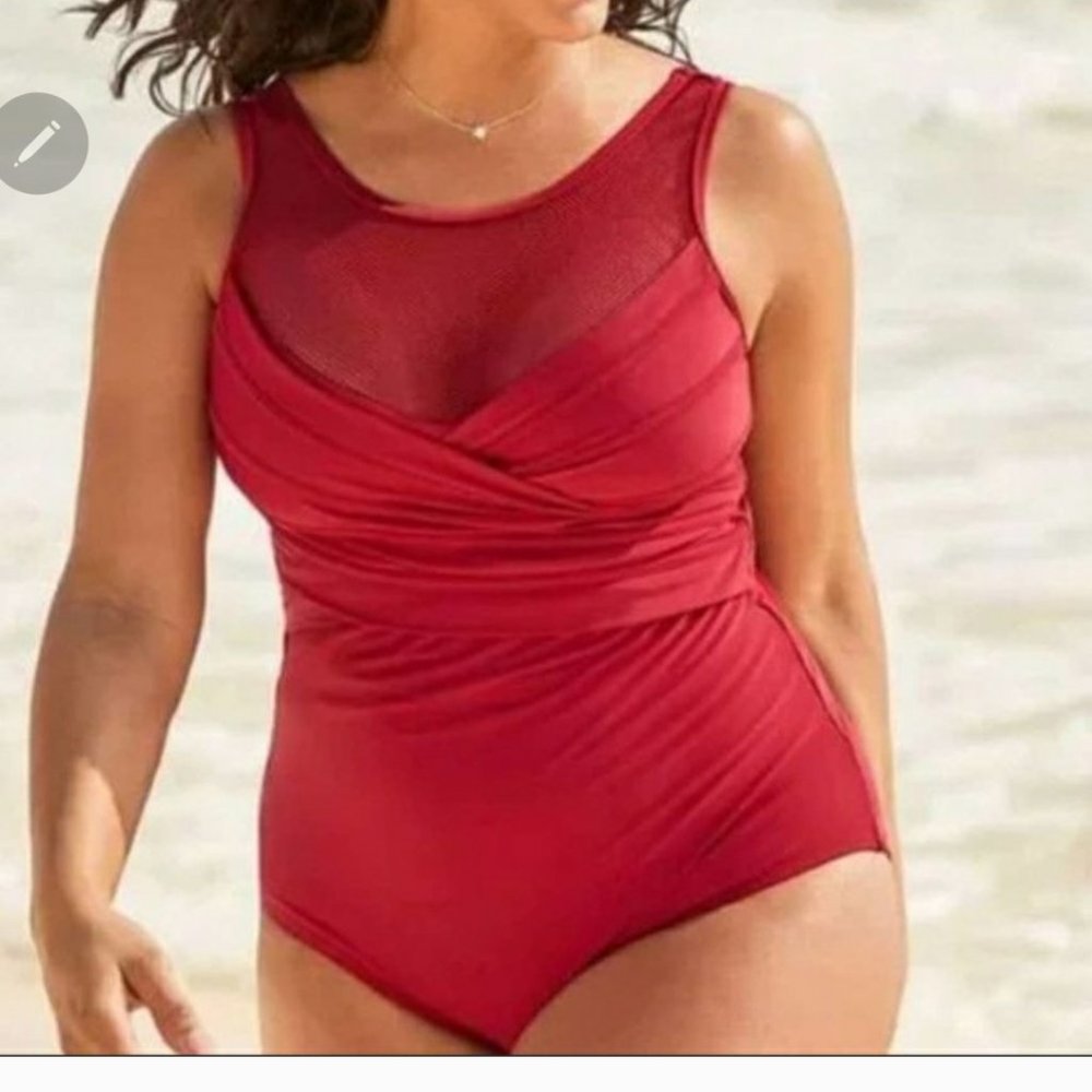 Red Adore Me One Piece Swim Suit with mesh top